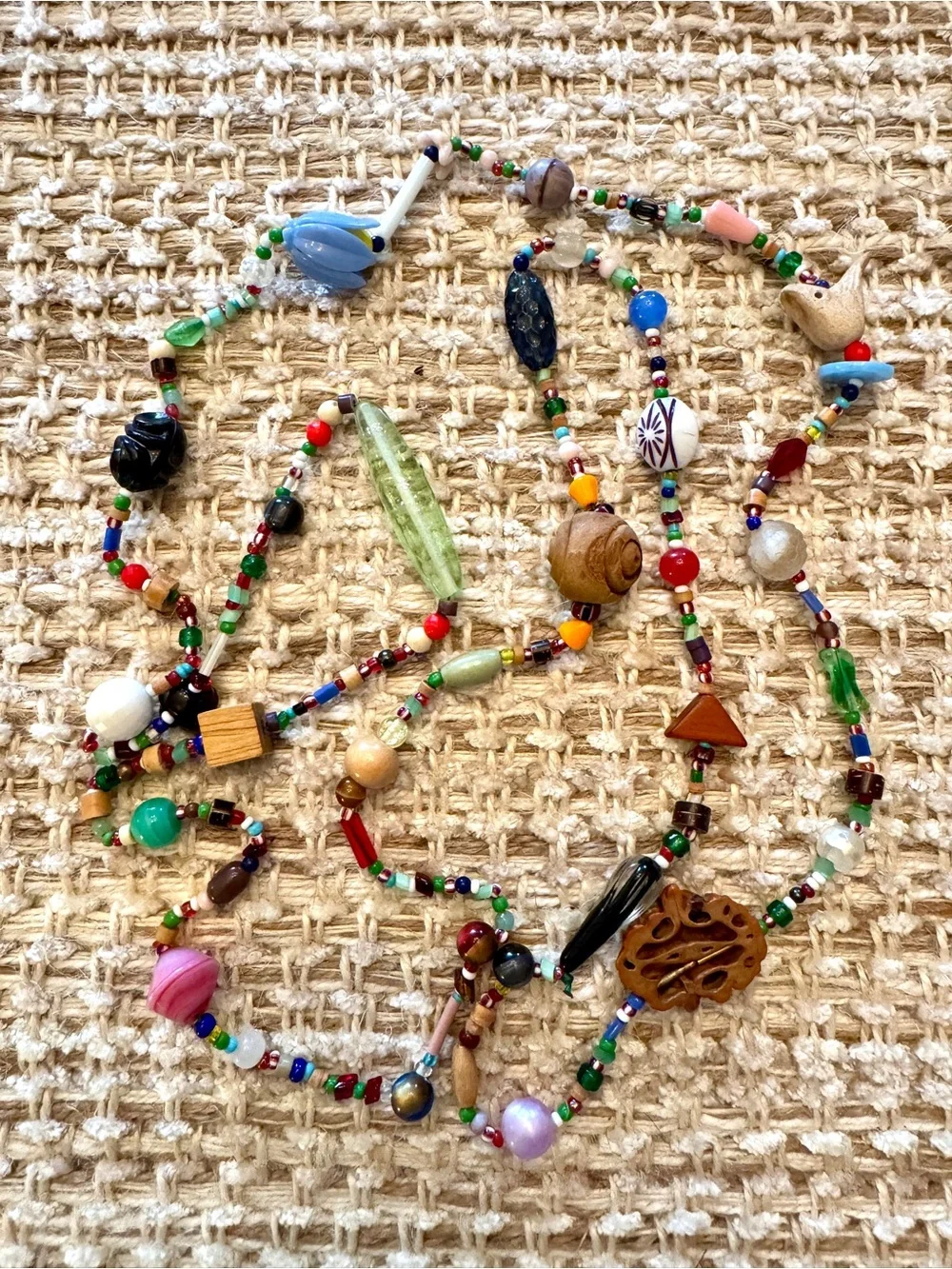 Vintage Artisan Collector Bead Necklace Handblown Glass Wood Clay Carved Bird Ex
